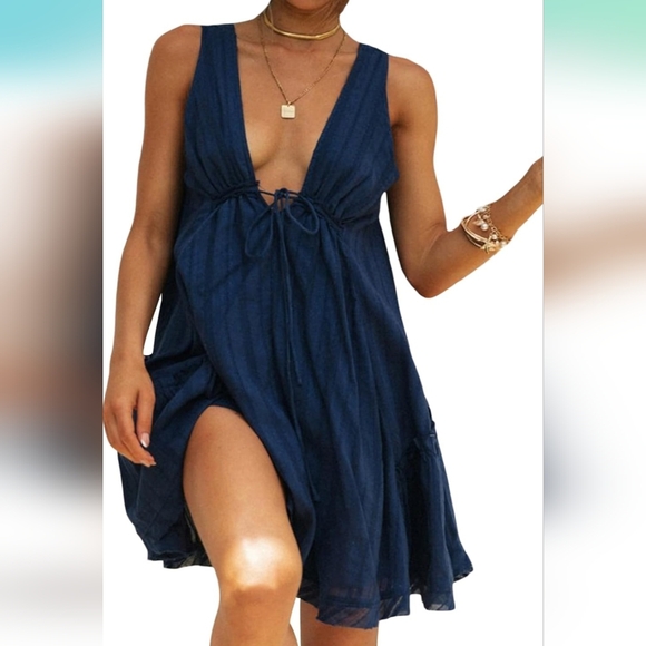 NWOT Deep V Tie Front/Back A-Line Baby Doll Mini Dress/Swim Cover, XL, Navy Blue - Picture 3 of 6